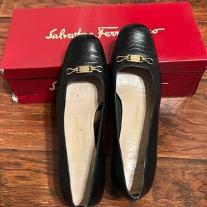 Salvatore Ferragamo black nero calf part croc dress pump shoes